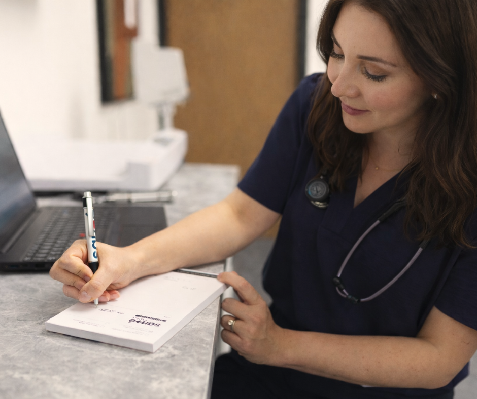 Infirmière IPSPL écrivant une prescription