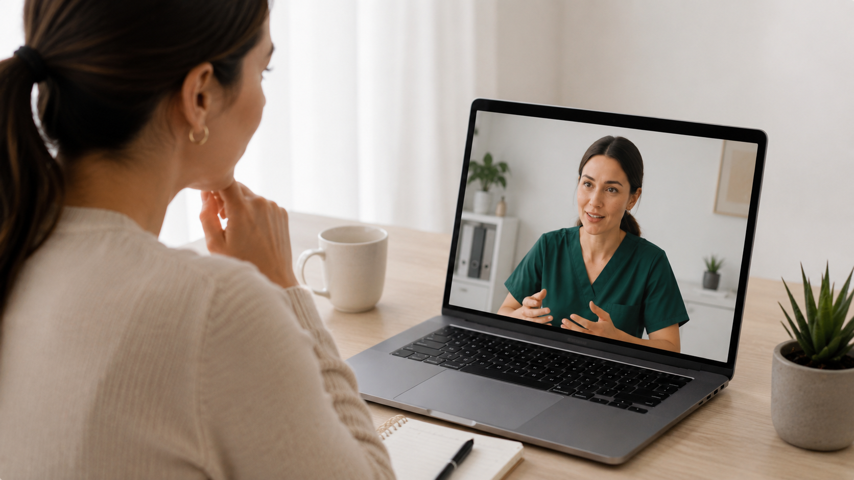 Patiente en consultation virtuelle avec une infirmière praticienne spécialisée de Santé Expert.